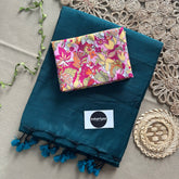 Rama Handloom Khadi Cotton Saree With Flower Print Blouse